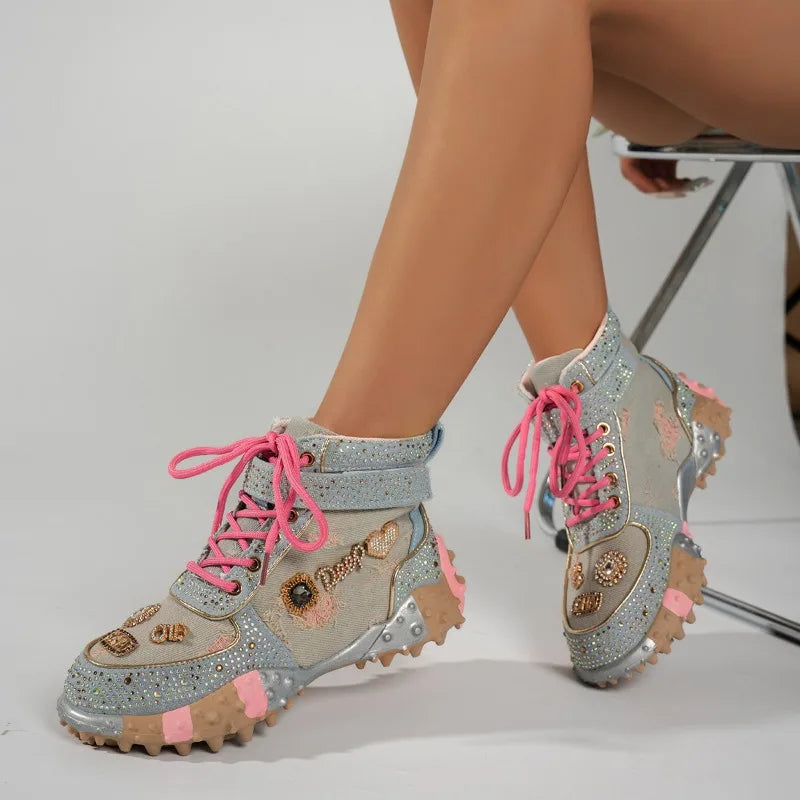Luxury Rhinestone Casual Women's Sneakers High Top Thick Bottom Loafers 2026 Fashion Comfort Lace Up Women Shoes Tênis Feminino