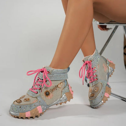 Luxury Rhinestone Casual Women's Sneakers High Top Thick Bottom Loafers 2026 Fashion Comfort Lace Up Women Shoes Tênis Feminino