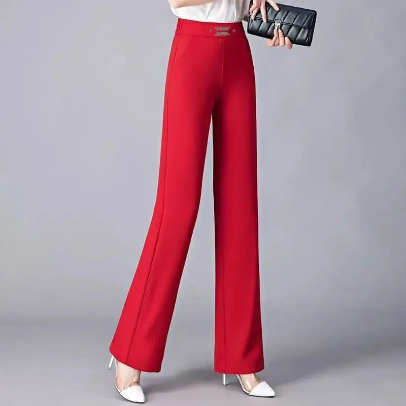 Women's Red High Waist Flare Pants With Metal le Detail Casual Long Trousers