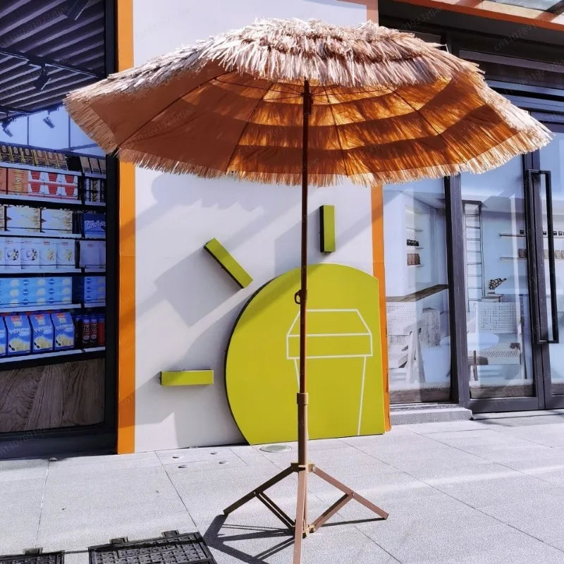 Hot-selling outdoor shading simulation straw garden decorative umbrella can be turned to sunscreen sun umbrella