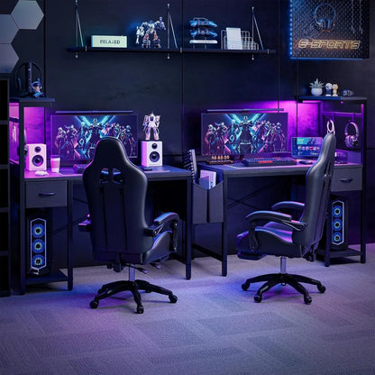 Gaming Desk 55 Inch with Power Outlet and LED Light, Computer Desk with Reversible Shelves and Storage Drawer, Pc, Customized