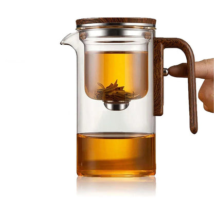 600ML Enchanti Tea Pot Glass Kettle Teapot with Wooden Handle One Click Switch Tea Filtration  Teapots Puer Tea Cup Set
