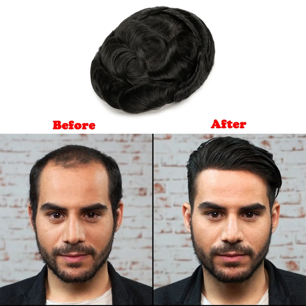 Men Toupee 0.06mm Thin Skin Natural Hairline Men's Capillary Prothesis Toupee Men Wigs Male Wig Hair System 100% Human Hair