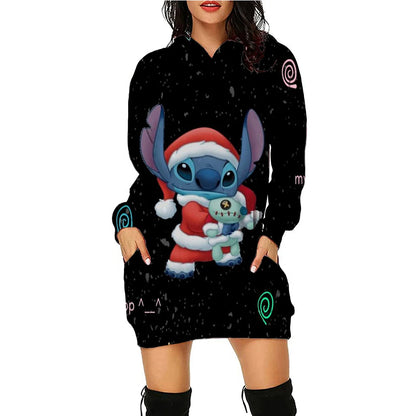 Christmas Disney Brand Stitch Cartoon Long Hoodie Autumn New Mini Sexy Long Sleeved Dress Korean Fashion Elegant Ladies Party