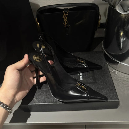 Pointed Toe Patent Leather Pumps Women Metal Decor Shallow Mouth Thin Heel Sandals Spring Summer Party Dress Shoes Single Shoes