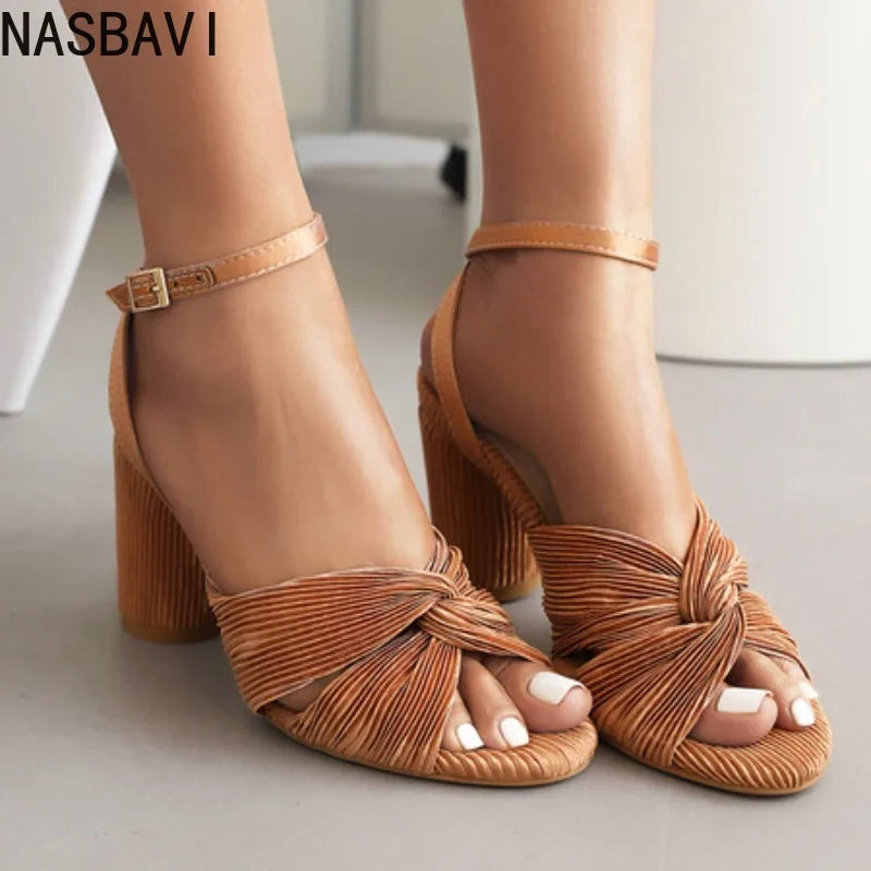NASBAVI Straps Women's Sandals Summer Shoes Luxury Peep Toe Flip Flops Round High Heels Gold Party Dance Wedding Shoes Ladies