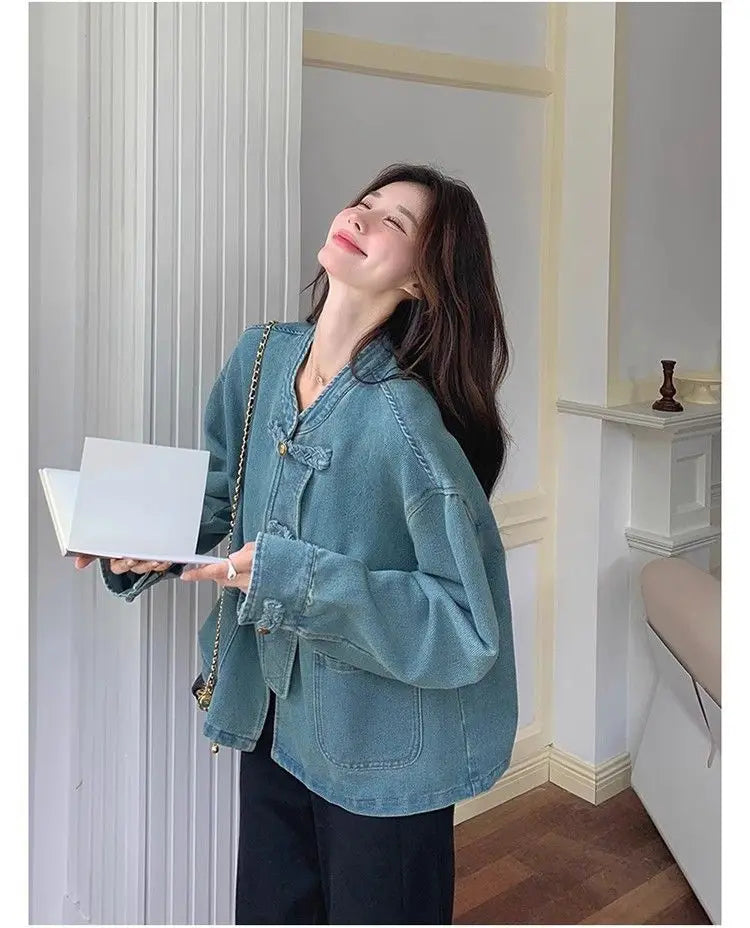 Women Clothing Autumn Fashion Simplicity All-match Temperament Button Solid Color O-neck Female Chinese Style Denim Jacket Tops