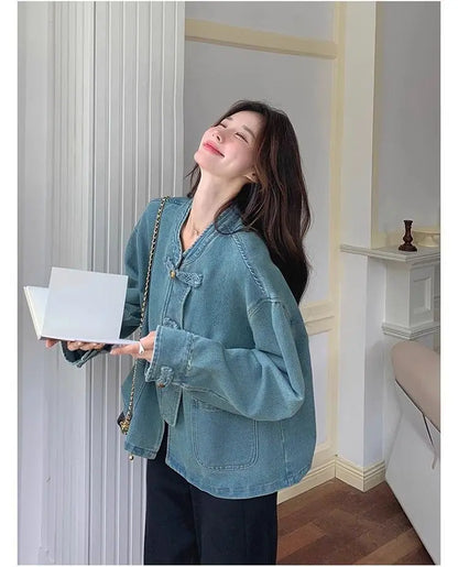 Women Clothing Autumn Fashion Simplicity All-match Temperament Button Solid Color O-neck Female Chinese Style Denim Jacket Tops