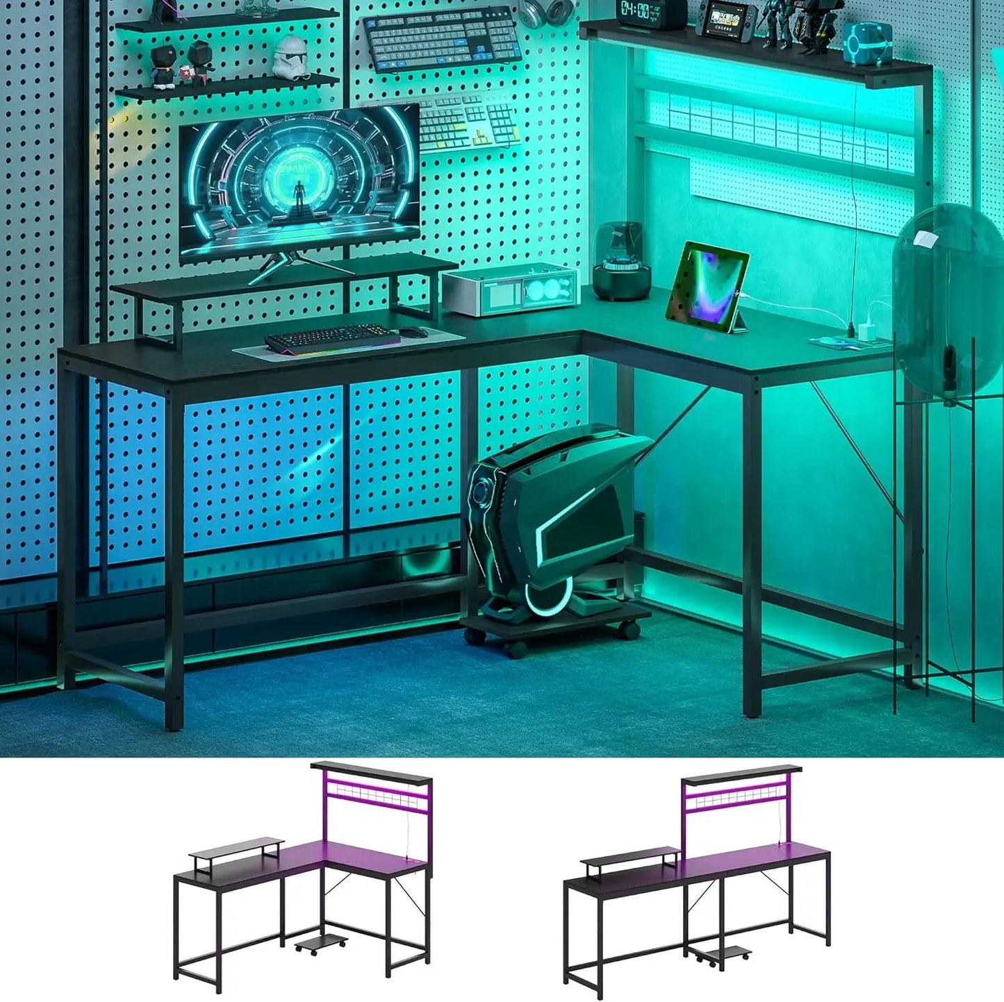 Gaming Desk, 62" L Shaped Desk with Power Outlets & LED Lights, 86" 2 Person Computer Table with Shelf & Rolling CPU Stand