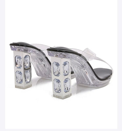 2025 Red High Heels 8cm Women Shoes Rhinestone Thick Heels Square Toe Ladies Pumps Cross Tie Straps Slippers Sandals Party Shoes