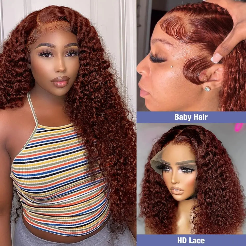 Reddish Brown Deep Curly Lace Frontal Wigs 13x4 13x6 Lace Frontal Human Hair Wigs Deep Wave Fall Colored Human Hair Lace Wigs
