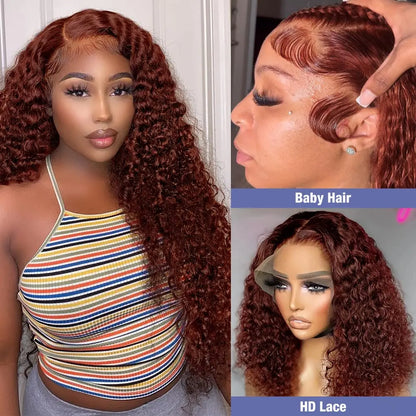 Reddish Brown Deep Curly Lace Frontal Wigs 13x4 13x6 Lace Frontal Human Hair Wigs Deep Wave Fall Colored Human Hair Lace Wigs