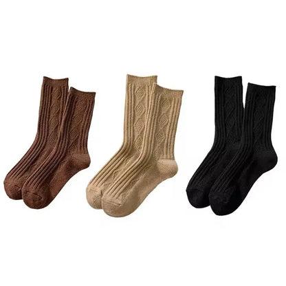 3Pairs Winter Cashmere Wool Socks Women's Winter Diamond Thicken Warm Black White Pack Set Thermal Japanese Fashion Solid Color