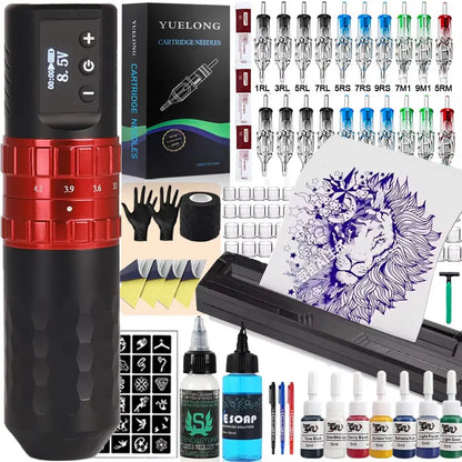 Complete Wireless Tattoo Pen Kit 7 Strokes Adjustable Tattoo Machine with Transfer Printer Ink Set Permanent Makeup Tattoo Kit