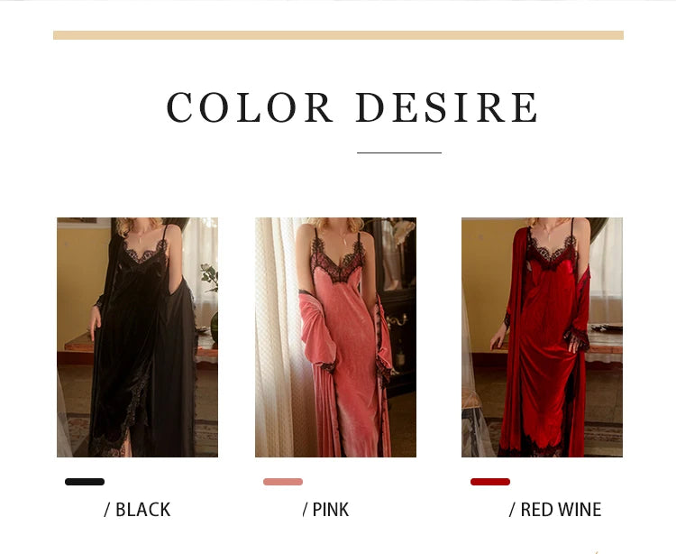REBEYULI Brand Sexy Sleepwear Women 2026 Autumn Lace Sweet Solid Night Dress Long Soft Comfortable Velvet Robe Gown Sets Women