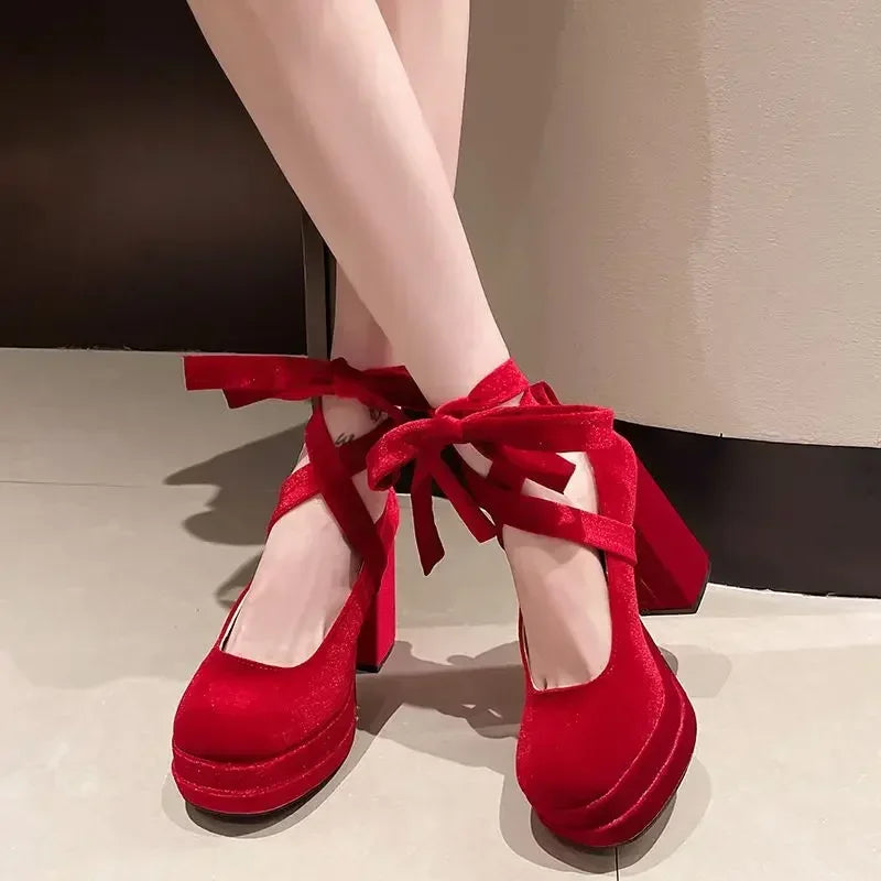 Platform Mary Janes Shoes Women Suede Luxury High Heel Lace Up Trend Lolita Shoes Elegant Chunky Party Pumps Zapatos De Mujer