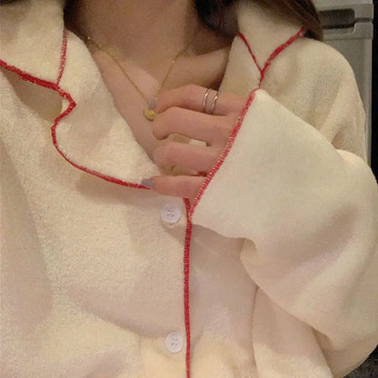 Flannel Women's Pajamas Sets Casual Autumn Winter Sleepwear Velvet Pyjama Ladies Cardigan Simple Bedroom Soft Warm Home Clothes