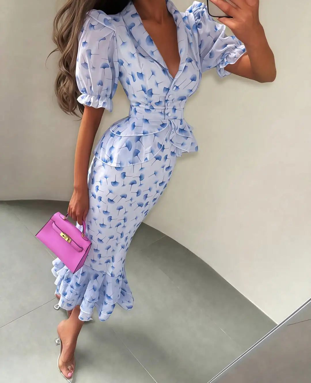 Printed V-neck Waist Cinched Pleated Dress Lapel Short Sleeve High Waisted Maxi Dresses Elegant Women's Summer New Vestidos