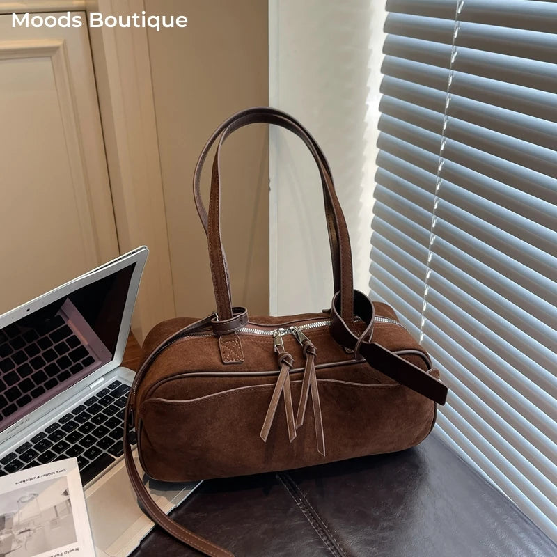 MOODS 2025 Autumn Latest Commute Shoulder Bags For Women PU Suede Pure Color Large Capacity Boston Bag Luxury Designer Handbags