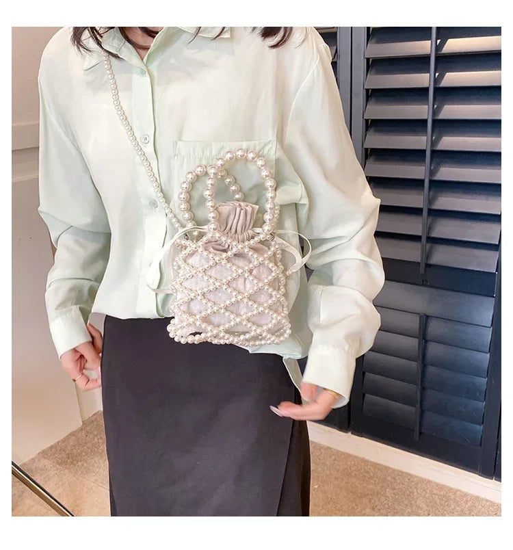 Women Pearl Bag Small Mini Tote Bucket Bag Woven Crossbody Hand Bags for Women Coin Purse Wallet Handbag Ladies Shoulder Bags