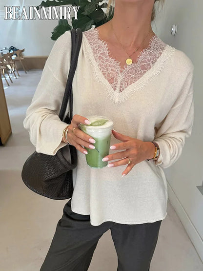 Women Fashion Lace Pullovers Elegant Long Sleeves Chic V-neck Solid Slim Knitwear 2025 Autumn Winter Daily Commute Outerwear