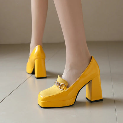 Extra Big Size 49 50 Bright Yellow Metal Crystal Chain Woman's Pumps Spring Fall Shoes Slip-on Loafers Platform Block High Heels