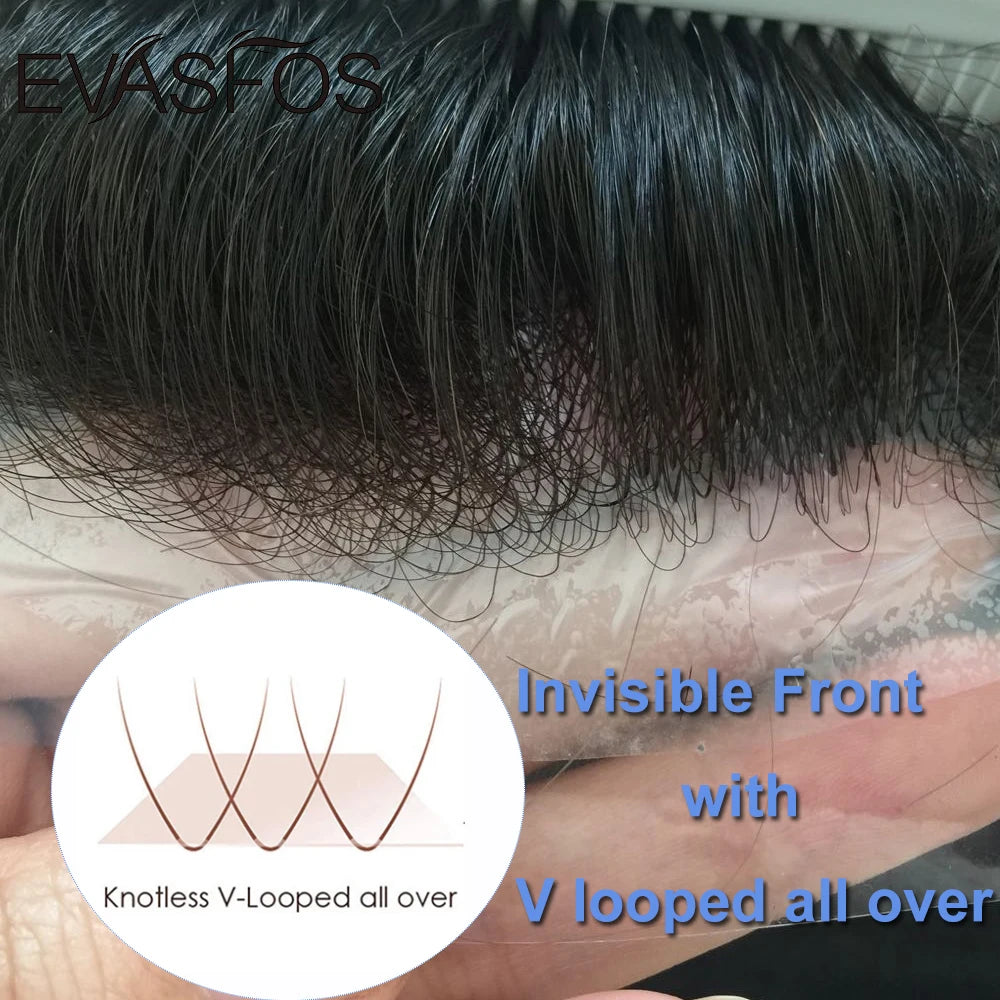EVASFOS 0.02-0.04mm Super Thin Skin Men's Toupee Natural European Human Hair Male Wig Prosthesis Hair System For Men