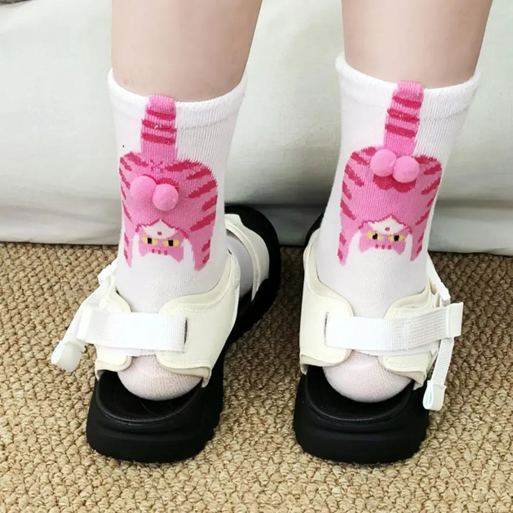 Cartoon Cat Egg Socks Soft Breathable Cute Mid Tube Cotton Socks 3D Cat Egg Balls Unique Design Trendy Funny