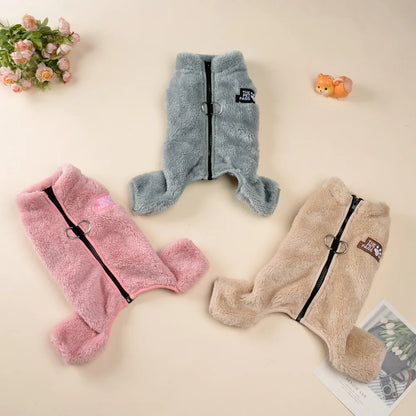 Soft Fleece Dog Clothes Winter Four Legs Covered Plush Pet Coat D-Ring Zipper Puppy Jacket Autumn Overall For Small Middle Dog