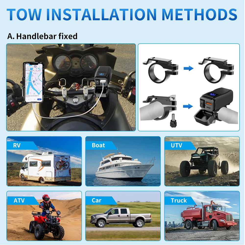 6.8A PD+QC3.0 Motorcycle Phone Charger Handlebar Dual USB Socket 60W Waterproof 12V Power Supply Adapter with Switch Voltmeter
