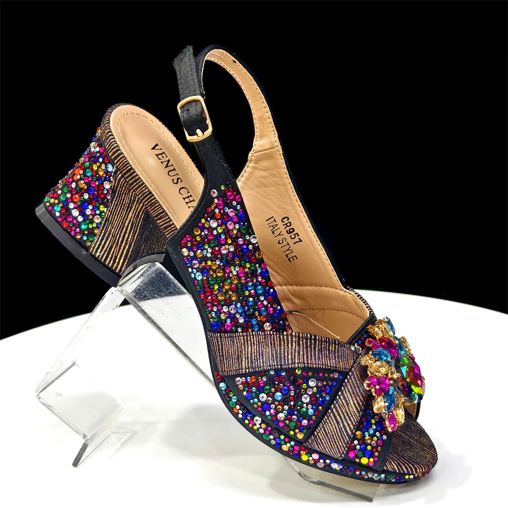 2025 Elegant Green Peep-Toe Heel Pumps for Women with Diamond Accents - Italian Matching Shoes and Bags Set for Parties
