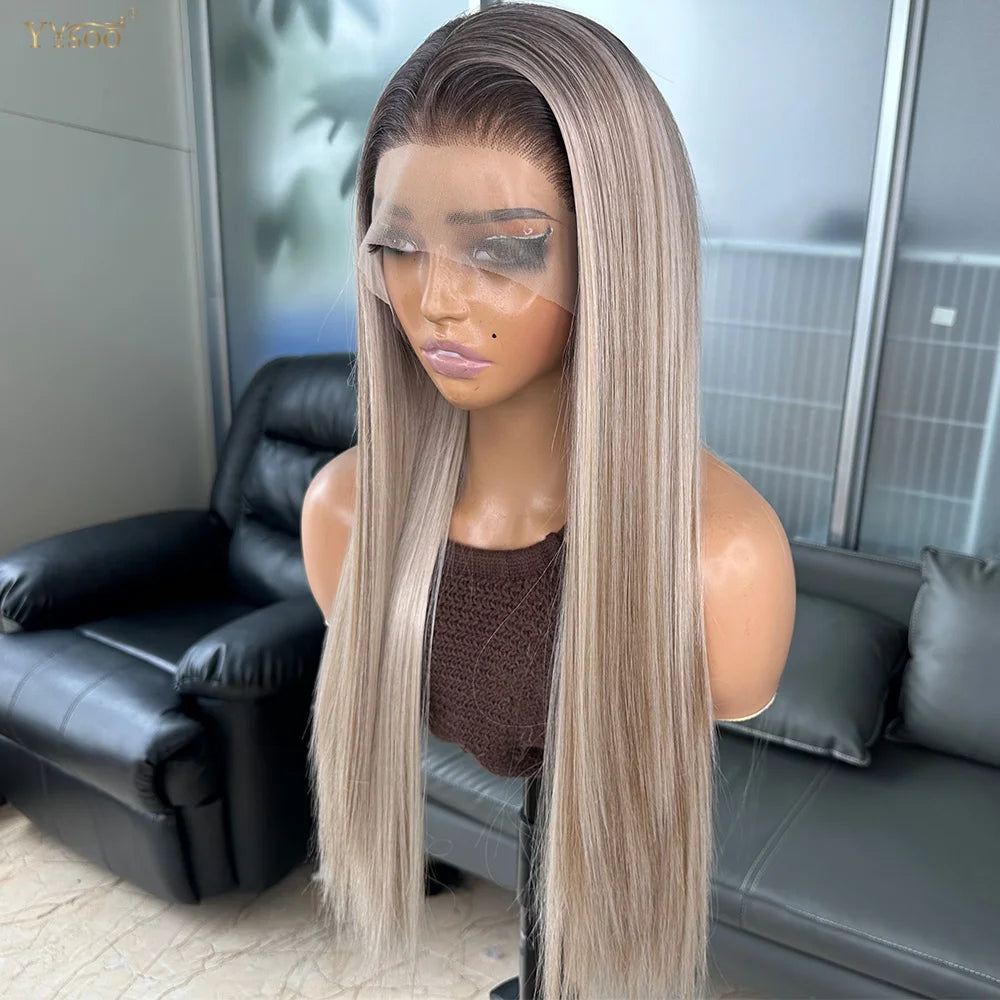 Long Heat Resistant 13x6 Synthetic Lace Front Wig Japan Futura Hair Ombre Highlights Silky Straight Hair Pre Plucked Hairline