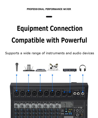 8/12 Channel Digital Mixer Audio Console 100 DSP Effects Bluetooth USB MP3 DJ Reverberation Sound Mixing Console