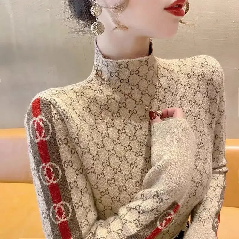 Autumn Winter Vintage All-match Slim Mock Neck Sweaters Women Clothing Elegant Chic Long Sleeve Knit Pullovers Lady Fashion Top