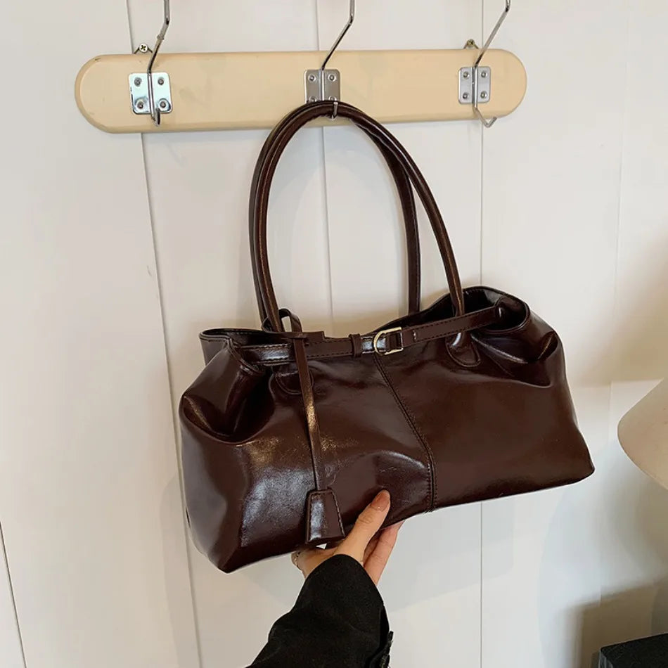 Women's Vintage Glossy Oil Wax Leather Tote Bag Buckle Casual Shoulder Handbag Elegant Work Bag for Daily Commute Top-handle Sac
