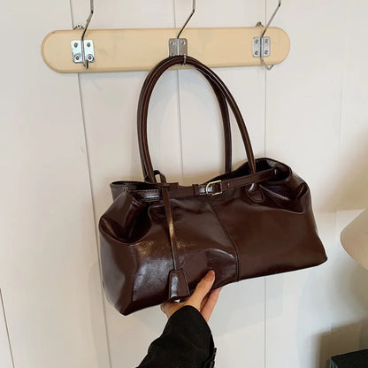 Women's Vintage Glossy Oil Wax Leather Tote Bag Buckle Casual Shoulder Handbag Elegant Work Bag for Daily Commute Top-handle Sac