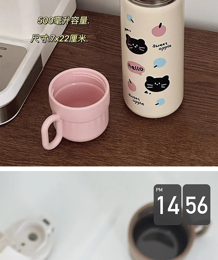 500ml Cartoon Stainless Steel Portable Thermos Cup,Cute Student Water Cup,Outdoor One Cover Dual-use Cup Vacuum Insulated Bottle