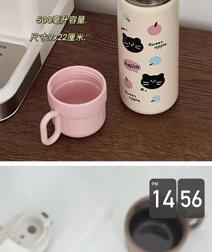 500ml Cartoon Stainless Steel Portable Thermos Cup,Cute Student Water Cup,Outdoor One Cover Dual-use Cup Vacuum Insulated Bottle