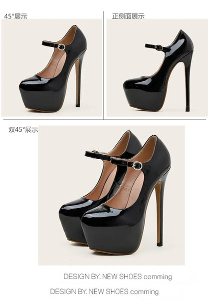 Women Super High Heel 17CM Pumps Spring Autumn Platform Patent Leather Red Black Round Toe Buckle Strap Sexy Zapato De Tacón
