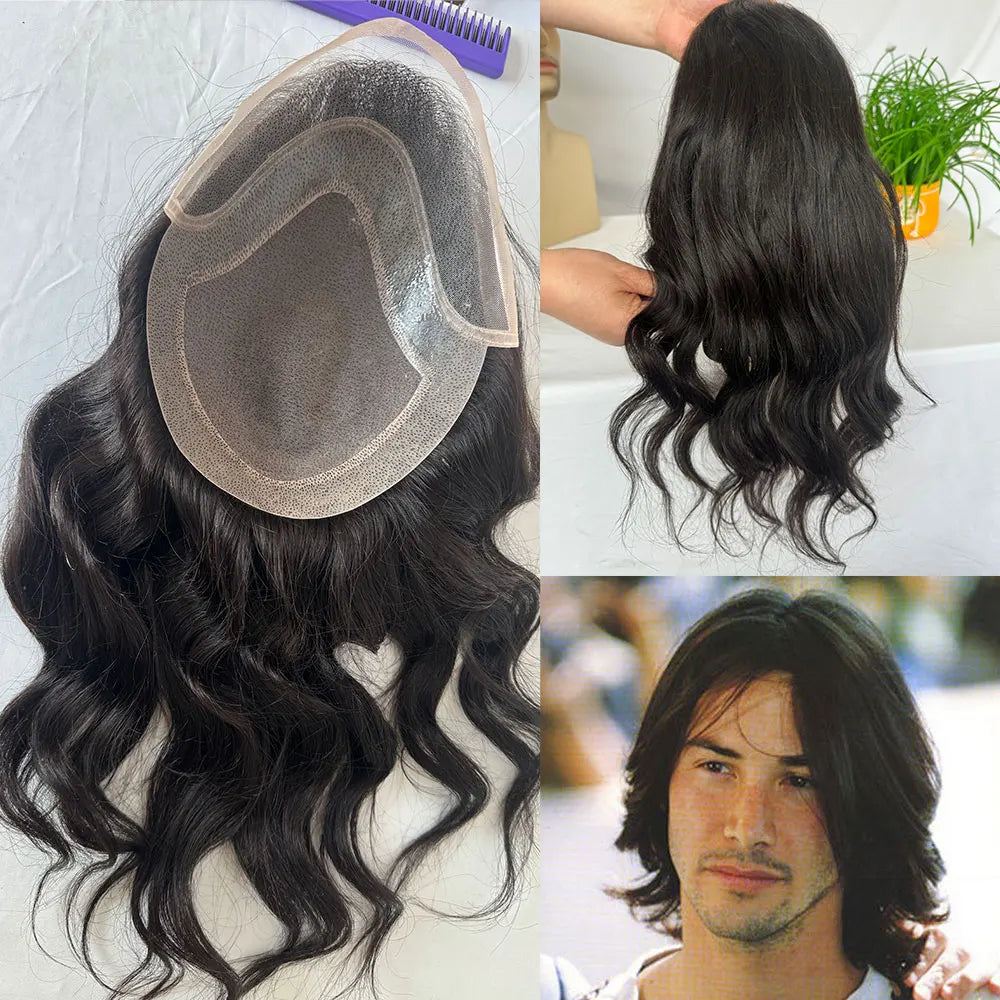 12'' Long Toupee for Men 10x8'' European Virgin Human Hair Replacement Systems Men's Hairpiece Mono Lace Top Loose Wave Men Wigs