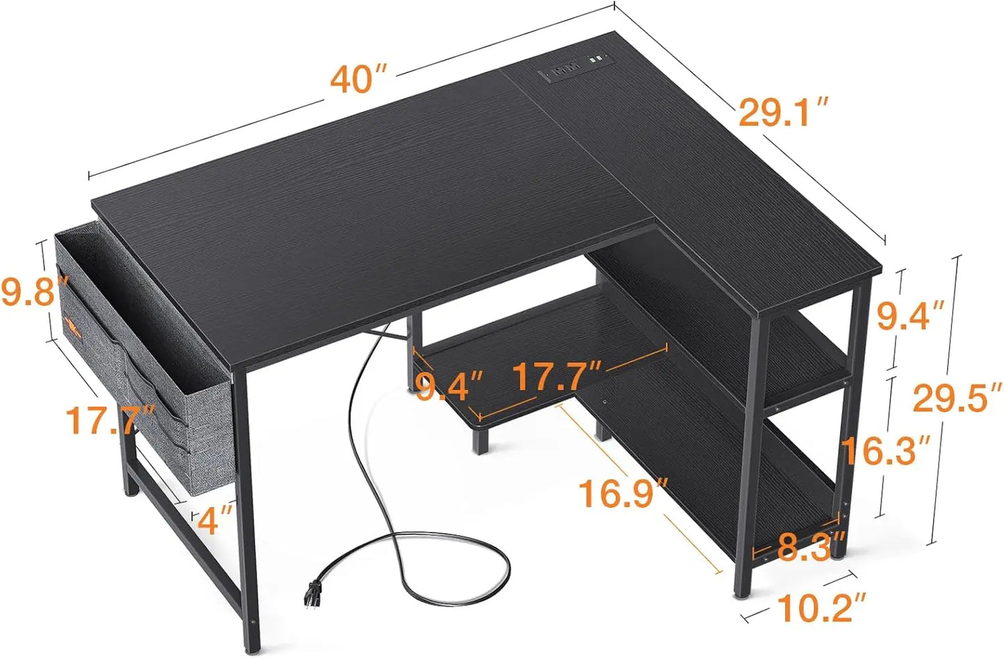 40 Inch L-Shaped Gaming Desk with Power Outlets, Reversible Shelves & PC Stand for Home Office, Black