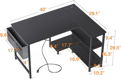 40 Inch L-Shaped Gaming Desk with Power Outlets, Reversible Shelves & PC Stand for Home Office, Black