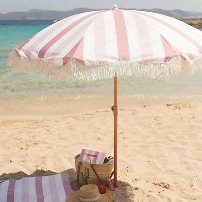 2m yellow striped umbrella with tassels, outdoor shade, beach umbrella, courtyard camping, sun protection