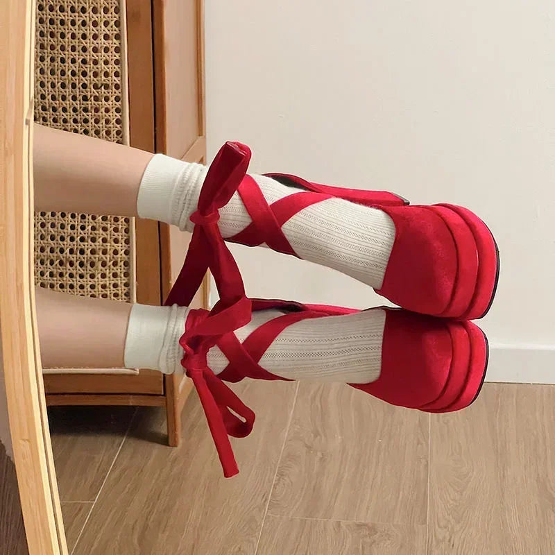 Platform Mary Janes Shoes Women Suede Luxury High Heel Lace Up Trend Lolita Shoes Elegant Chunky Party Pumps Zapatos De Mujer