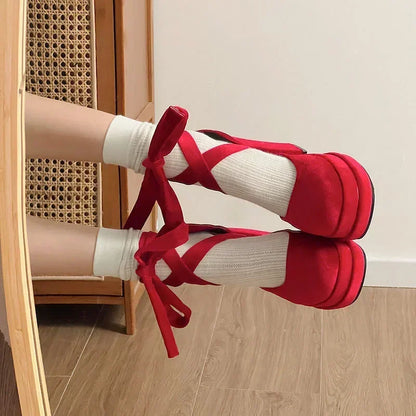Platform Mary Janes Shoes Women Suede Luxury High Heel Lace Up Trend Lolita Shoes Elegant Chunky Party Pumps Zapatos De Mujer