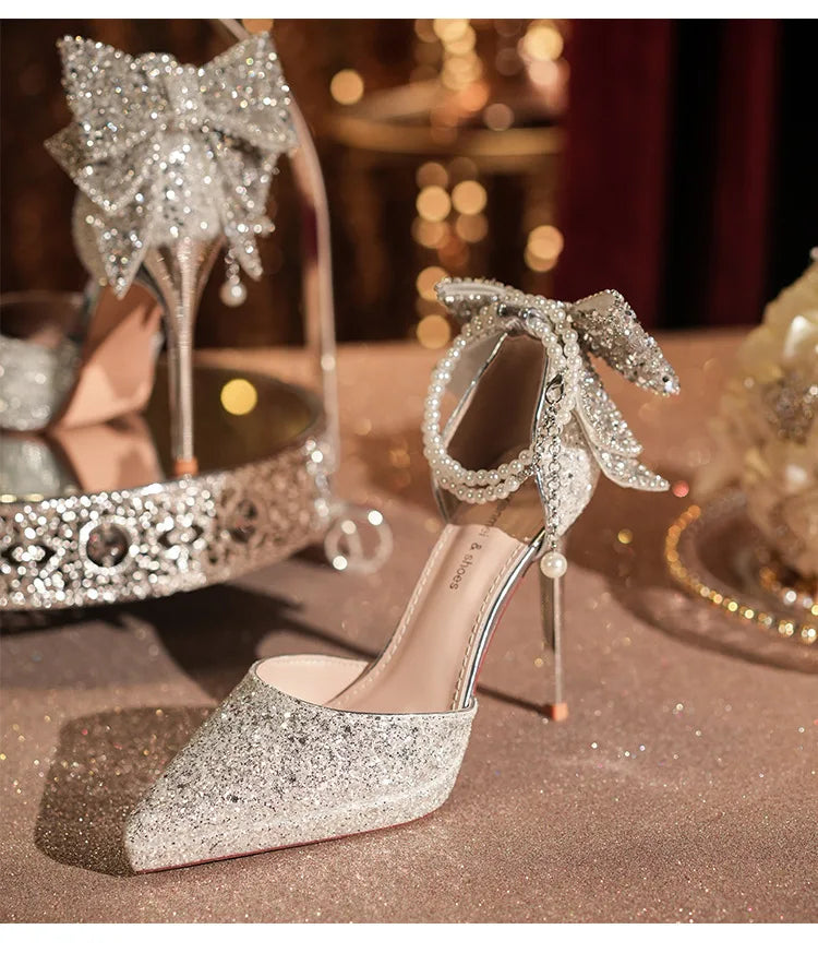 Shiny Glitter Bow Pearl Chain High Heels Wedding Banquet Dress Wedding Shoes Women's Shoes