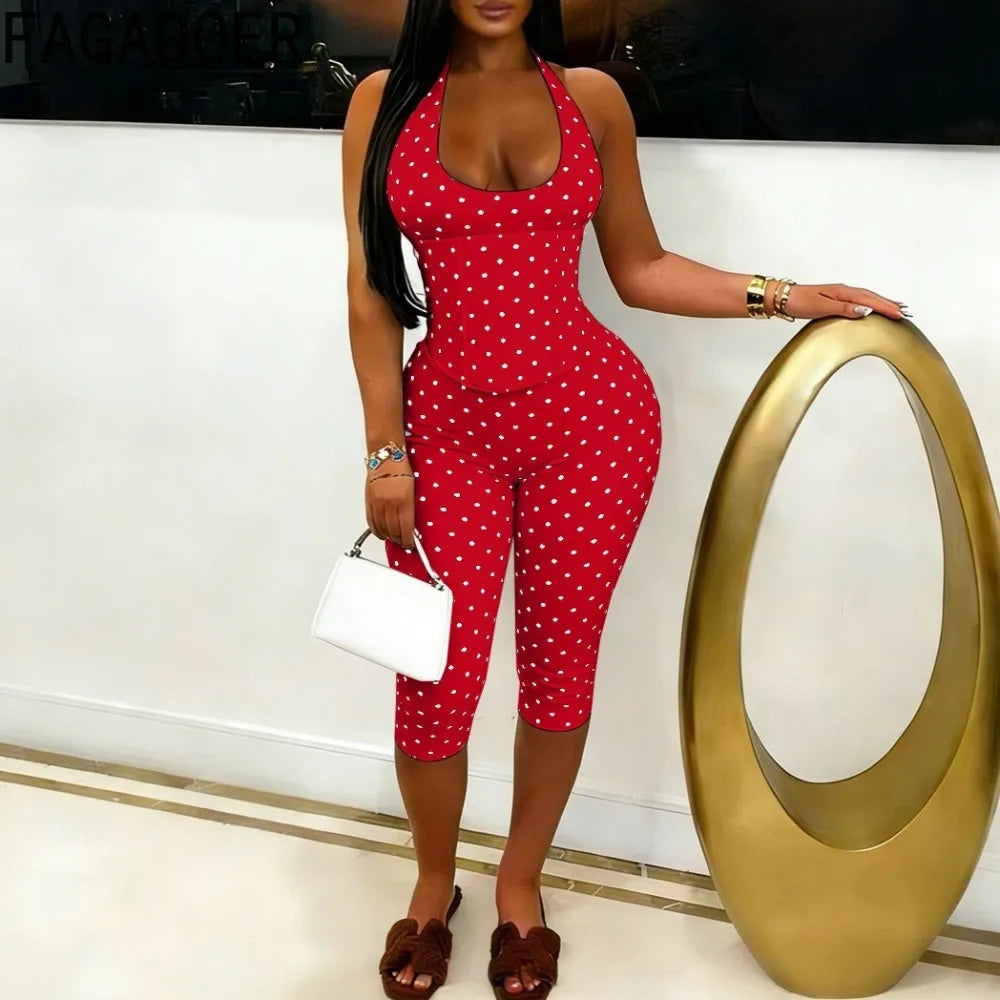 FAGADOER Sexy Polka Dot Print Bodycon Jumpsuits Woman Halter Deep V-neck Backless Rompers Female Streetwear Overalls 2026 New