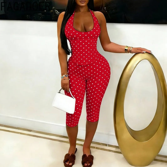 FAGADOER Sexy Polka Dot Print Bodycon Jumpsuits Woman Halter Deep V-neck Backless Rompers Female Streetwear Overalls 2026 New