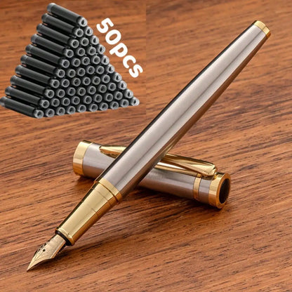 51-Piece Set (1 Pen + 50 Ink Cartridges), 0.5mm Tip, Iridium Nib, Stainless Steel Pen Body, Suitable for Calligraphy, Elegant and High-End, Luxurious and Noble, Suitable for 2.6mm Diameter, Student Stationery, Gifts, Valentin