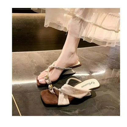 Luxury Rhinestone Square Toe Sandals  Toe Loop Women Elegant Pleated Slides Metal Decor Beach Wedding Party Dress Mules Shoes
